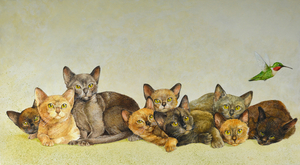 Kittens and Hummingbird watercolor 27.5 x 16